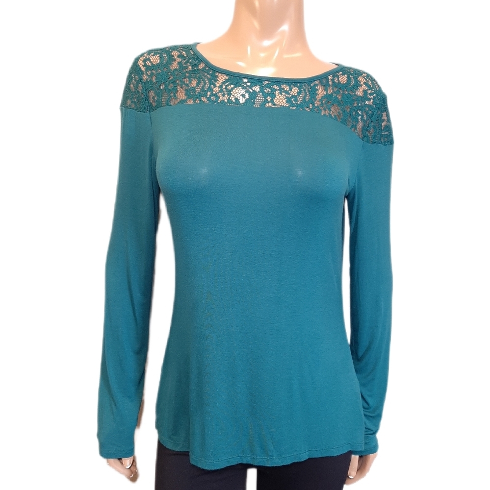 LAUNDRY By Shelli Segal Lace Long Sleeve Top Teal Green Womens Size Medium